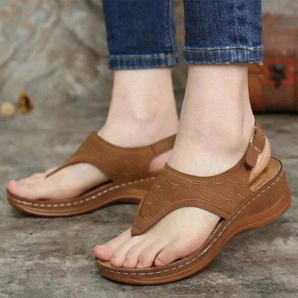 Camel Brown Wedge Sandals with Embroidery
