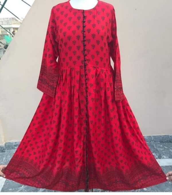 Printed Cotton Stitched Red Long Maxi