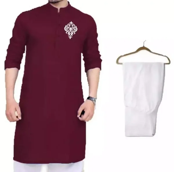 Men Designer Kurta Pajama With Embroidery Maroon