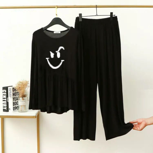 Smiley Night Suit Shirt With Frill Trouser-Black