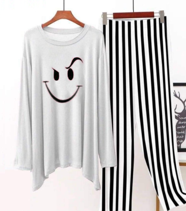 Smiley Night Suit Shirt With Tail Trouser With Strips Print-Grey