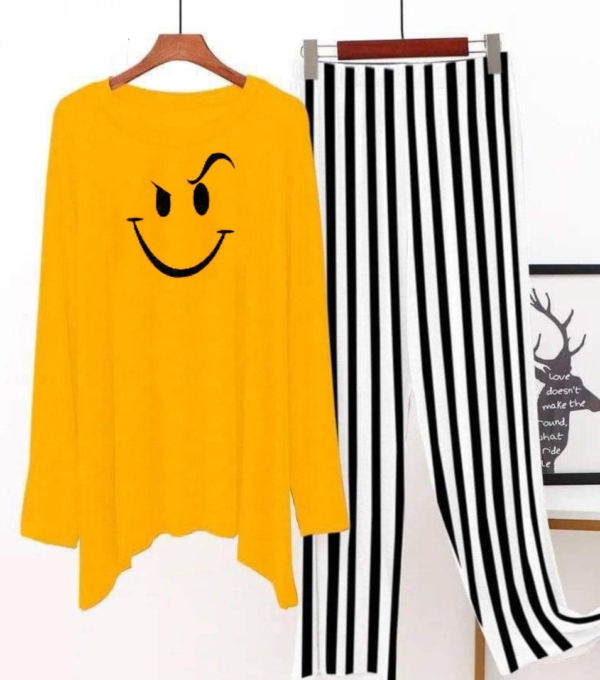 Smiley Night Suit Shirt With Tail Trouser With Strips Print-Yellow