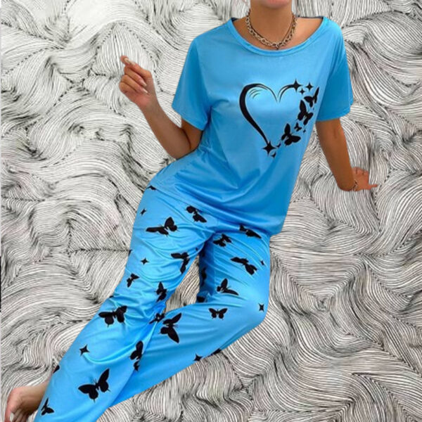 Blue With Butterflies Heart Printed T-shirt And Butterflies Printed Trouser Suit