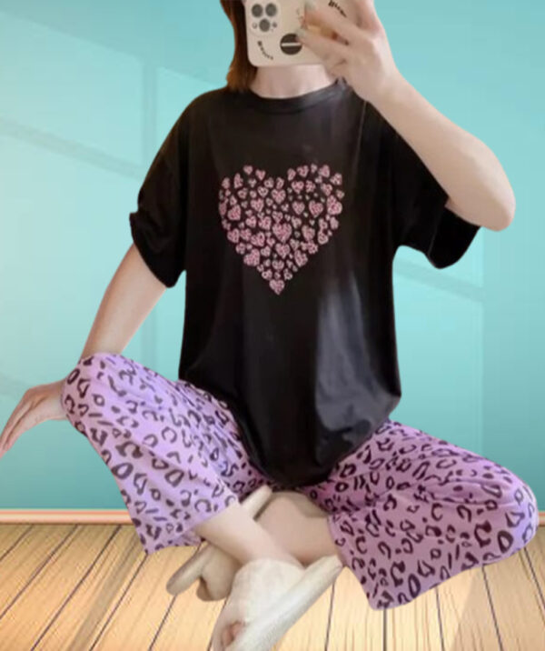 Black With Purple Heart Print Half Sleeves T-shirt With Cheetah Printed Trouser Suit