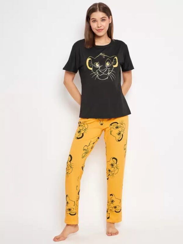 Yellow and Black SIMBA print T-shirt with Printed Pajama Half Sleeves Night Suit for her