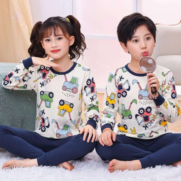 Kids' night suit featuring an off-white t-shirt with a truck print paired with blue trousers