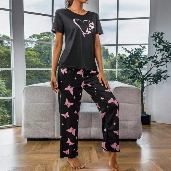 Black With Butterflies Heart Printed T-shirt And Butterflies Printed Trouser Suit