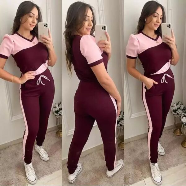 Pink With Maroon Panel Half Sleeves T Shirt with Panel Pajama Suit for her