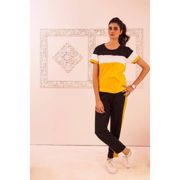 Yellow Straight Panel Half Sleeves T Shirt with Panel Pajama Suit for Her