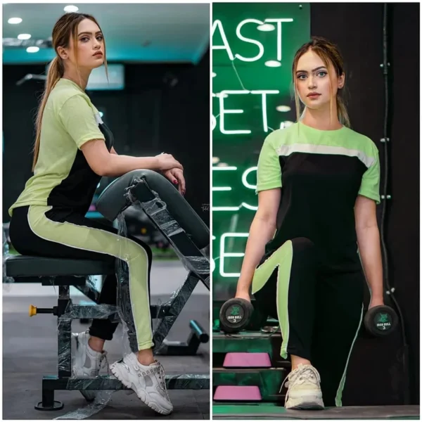 Green Stylish Printed Half Sleeves T Shirt with Panel Pajama Suit for her