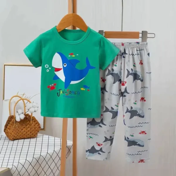 Baby Car, Shark, and Bat Print Half Sleeves T-shirt With Printed Pajama Night Suit for Kids