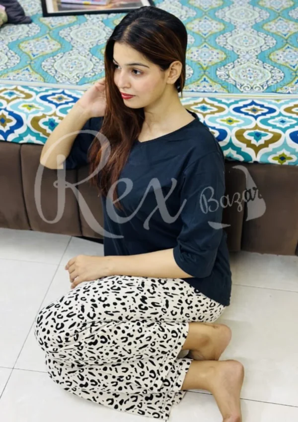 Black V Neck With Off White Cheetah Print Plazzo Pajama Suit
