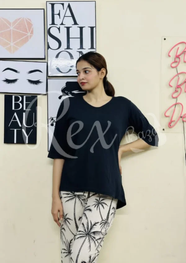 Black V Neck With Off White Tree Plazzo Pajama Suit