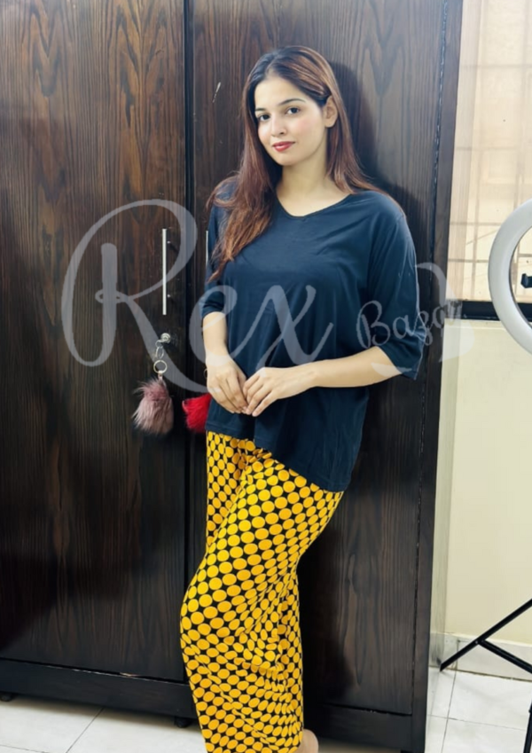 Black V Neck With Yellow Black Dotted Plazzo Pajama Suit