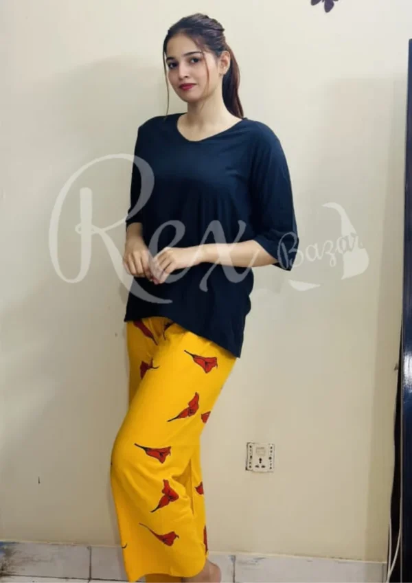 Black V neck With Yellow Flowers Plazzo Pajama Suit