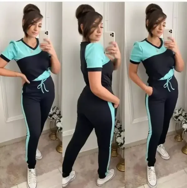 Blue With Black Panel Half Sleeves T Shirt with Panel Pajama Suit for her