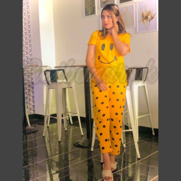 Yellow Smile with Dotted Printed Pajama Half Sleeves Night Suit for her