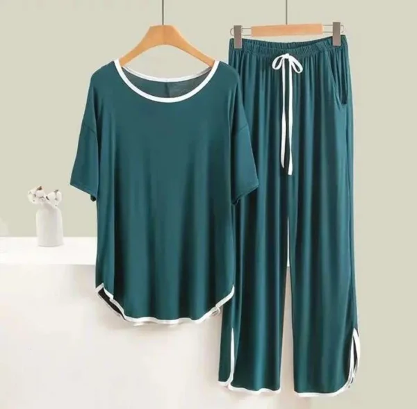Green With White Round Neck Stripe Half Sleeves Shirt With Plazzo Trouser