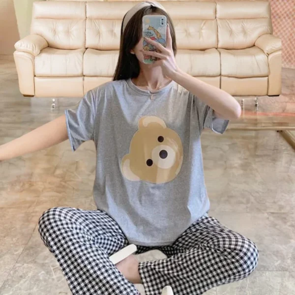 Grey Bear Half Sleeves T-shirt With Check Printed Trouser Suit