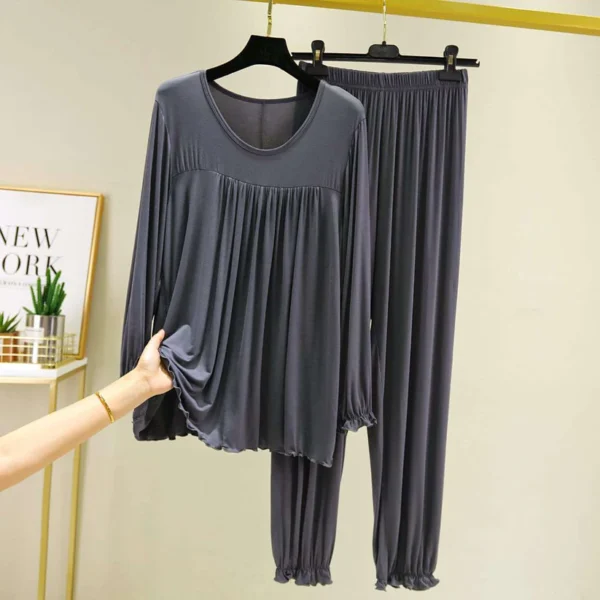 Grey Round Neck Frill Style T Shirt with Palazzo Style Pajama Full Sleeves Suit for Her