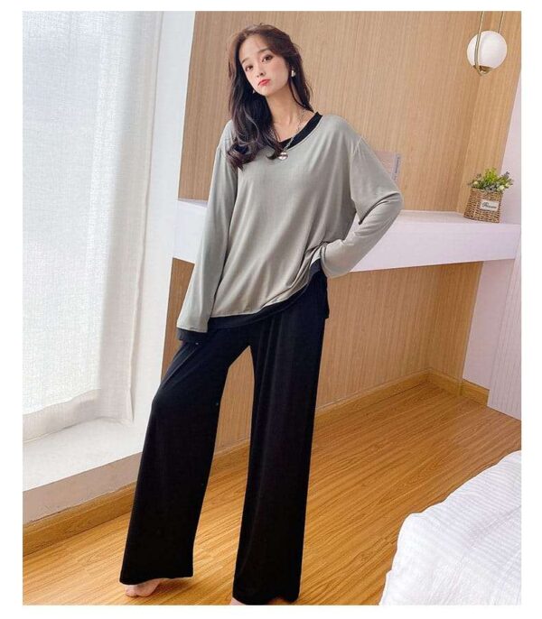 Grey with Black V Neck with Black Contrast Palazzo Pajama Full Sleeves Night Suit for Her