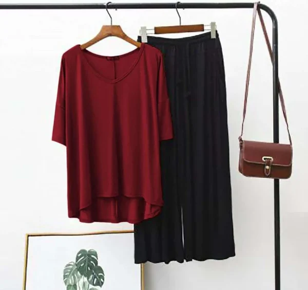 Maroon V Neck T shirt with Black Palazzo Pajama Night Suit for Her