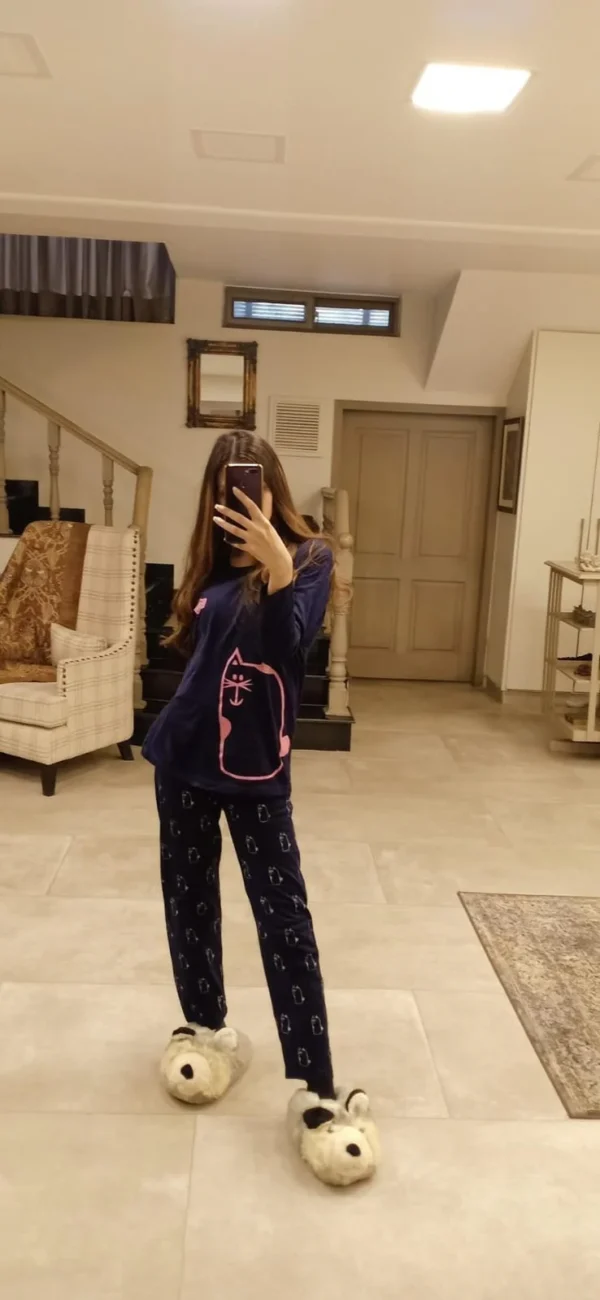 Navy Blue with Pink Cat print Full Sleeves Night Suit for her