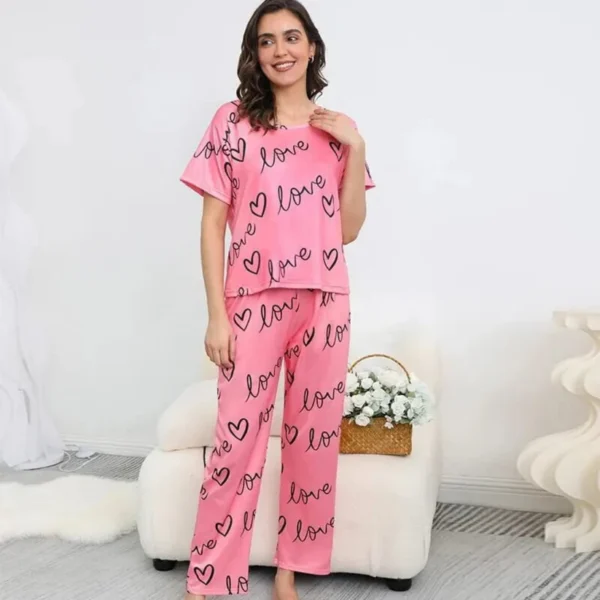 New Pink Love Print Half Sleeves T-shirt With Printed Trouser Suit