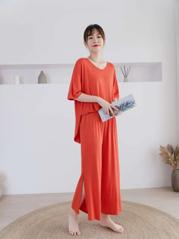 Orange V Neck Quarter Sleeves with Cut Style Pajama Night Suit for Her