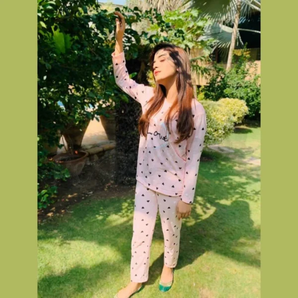 Pink Love Hearts Print Full Sleeves Night Suit