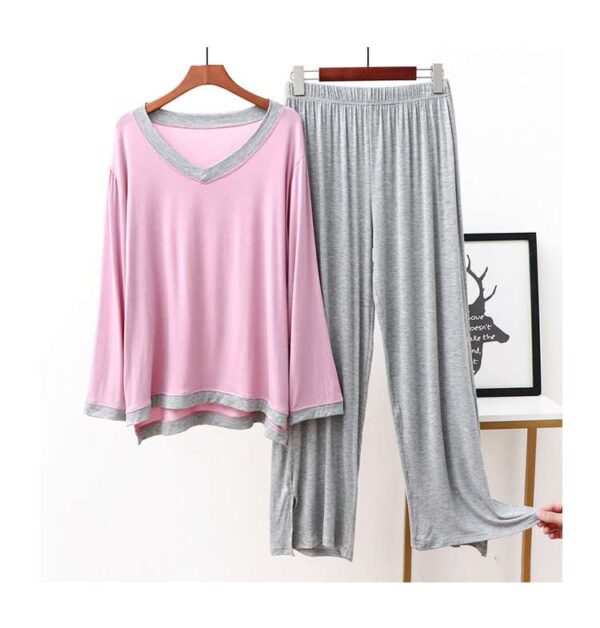 Pink with Hazil Grey V Neck with Hazil Grey Contrast Palazzo Pajama Full Sleeves Night Suit for Her