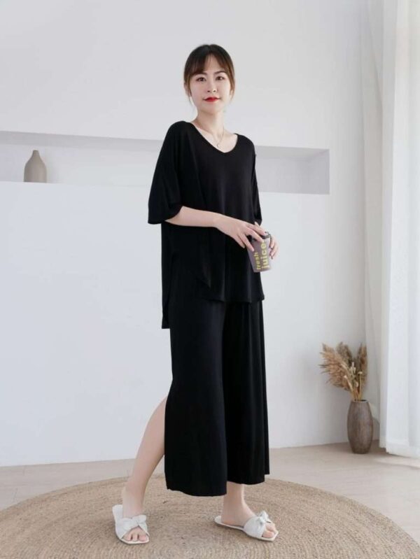 Plain Black V Neck Quarter Sleeves with Cut Style Pajama Night Suit for Her
