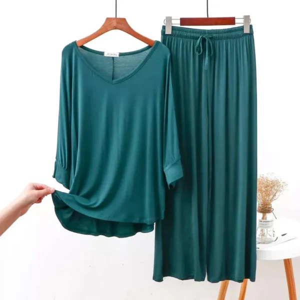 Plain Green V Neck T shirt with Green Palazzo Pajama Night Suit for Her