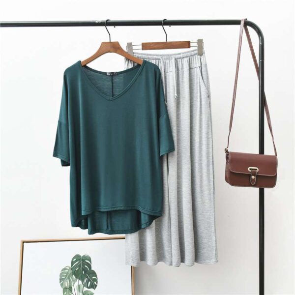 Plain Green V Neck T shirt with Grey Palazzo Pajama Night Suit for Her