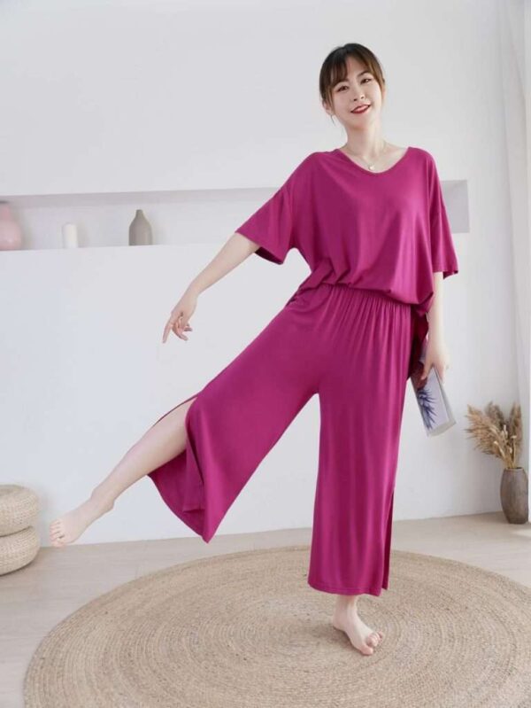 Plain Shocking Pink V Neck Quarter Sleeves with Cut Style Pajama Night Suit for Her