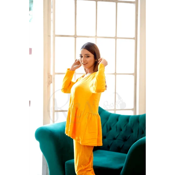 Plain Yellow Frill Style with Palazzo Style Pajama Full Sleeves Suit for Her
