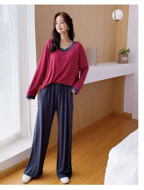 Red with Blue V Neck with Blue Contrast Palazzo Pajama Full Sleeves Night Suit for Her