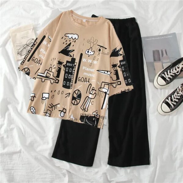 Skin Multi Printed Half Sleeves T-shirt With Plain Black Trouser Suit Brown