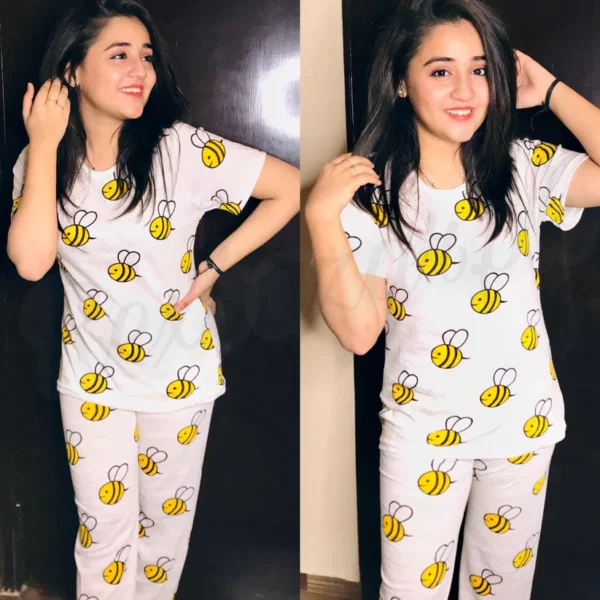White Honey Bee Print Half Sleeves Night Suit for Her