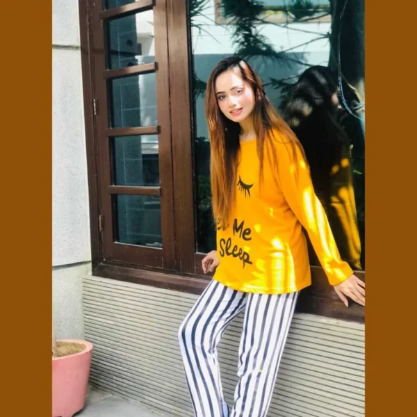 Yellow Let me Sleep print Full Sleeves Night Suit for her