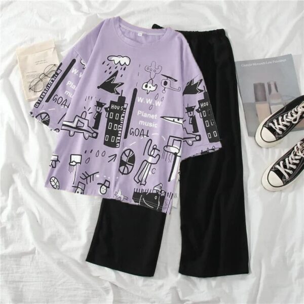Skin Multi Printed Half Sleeves T-shirt With Plain Black Trouser Suit Purple